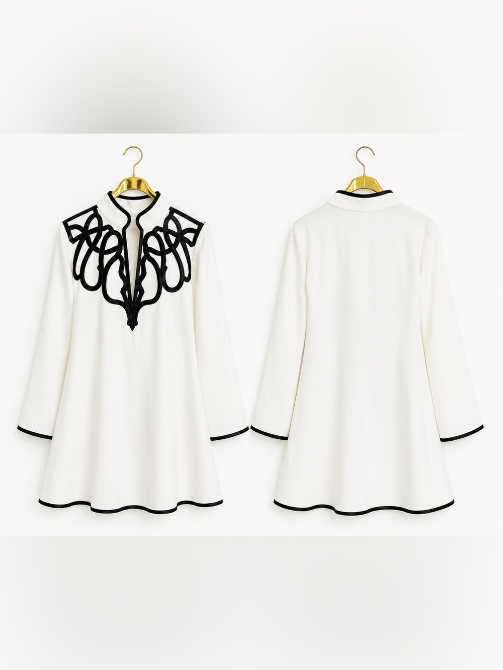 White Flared Coat Dress with Black Embroidered Yoke - Picture 4 of 4
